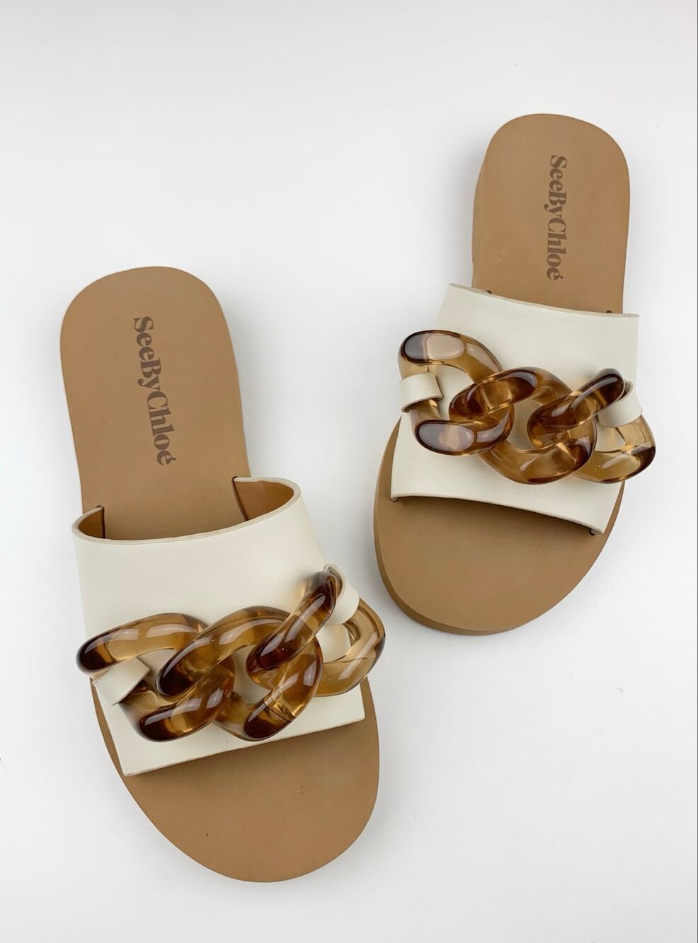 See By Chloe Mahe Slides Chunky Chain Sandals Cream Leather Women's 39 US 8.5
